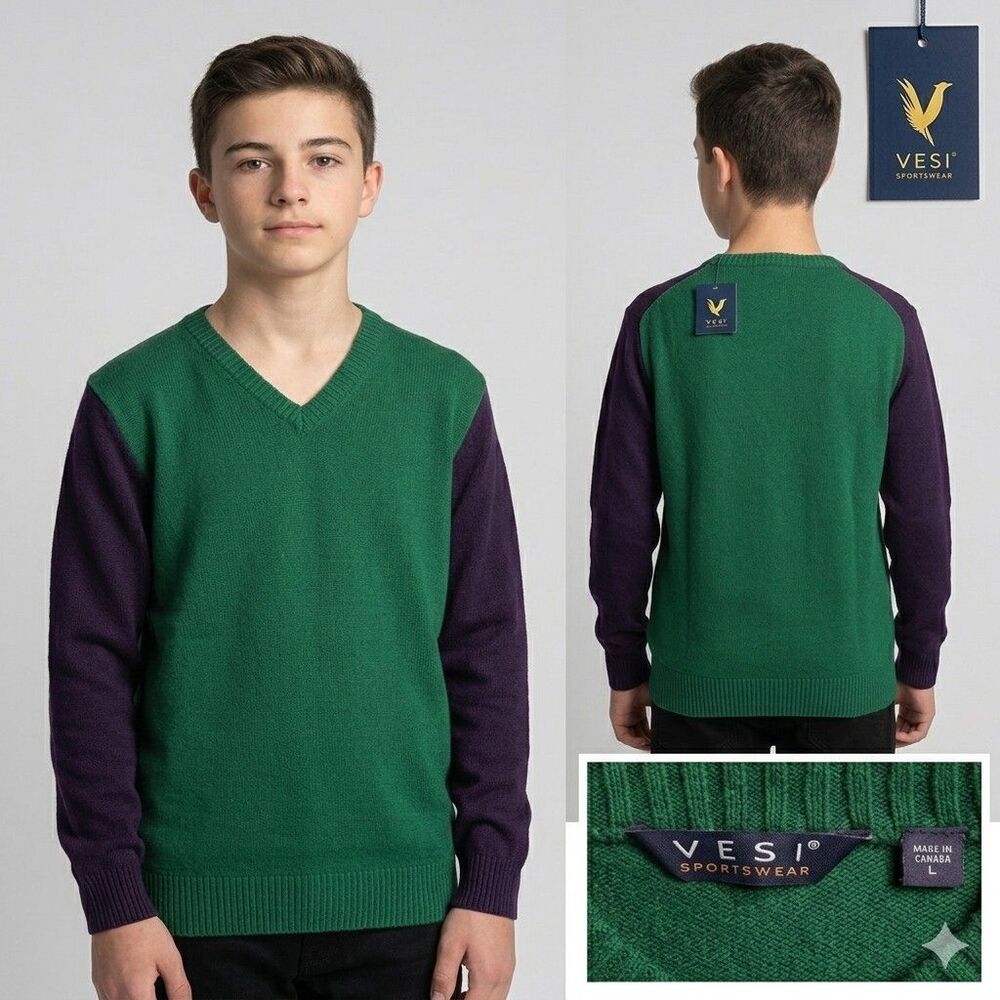 VESI Sportswear Green & Blue Long Sleeve Crew Neck Sweater Large NWT 0040